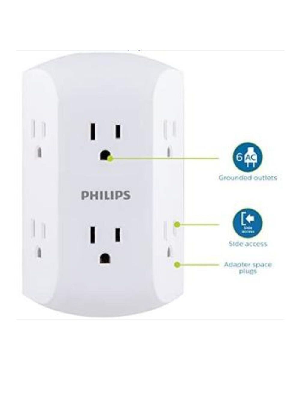 PHILIPS 6 OUTLET WALL ADAPTER WHITE 2 PACK NEW